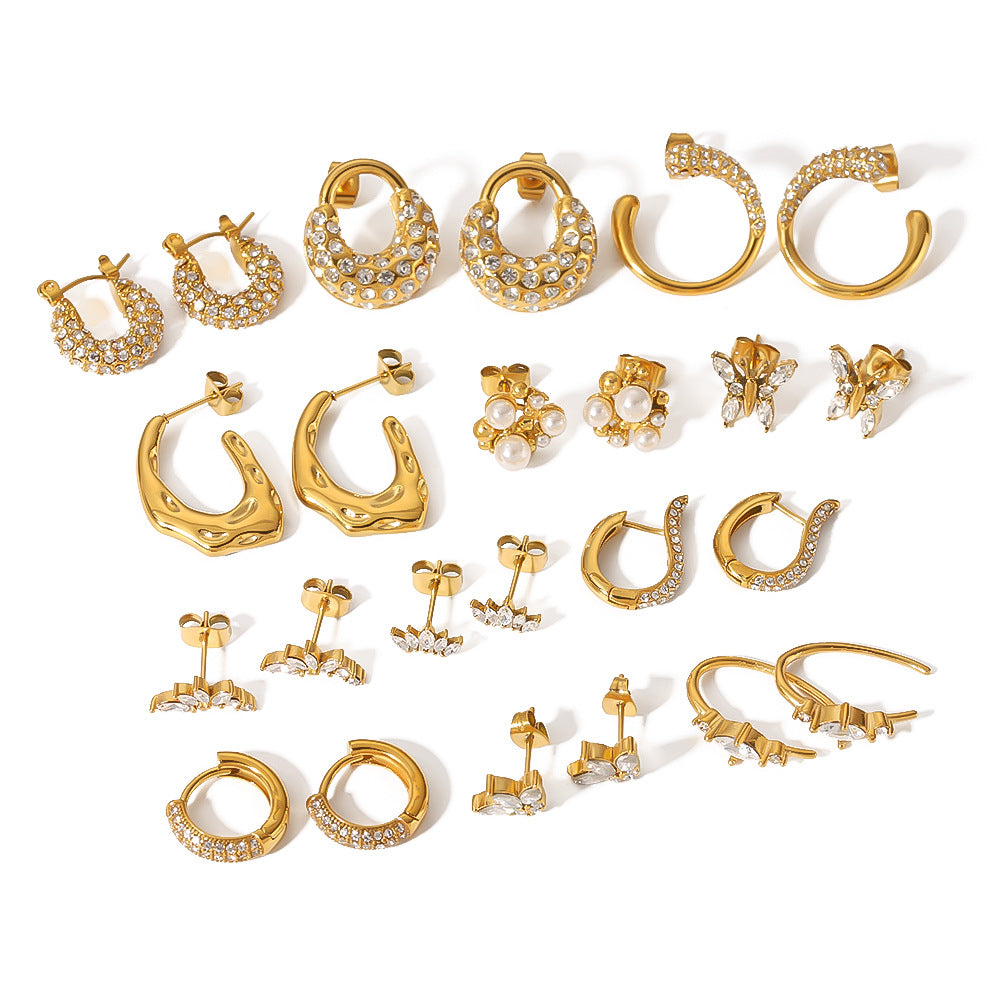 Orecchini Irregolari a Farfalla con Zirconi e Perle in Acciaio Inossidabile con Placcatura in Oro 18K da Donna