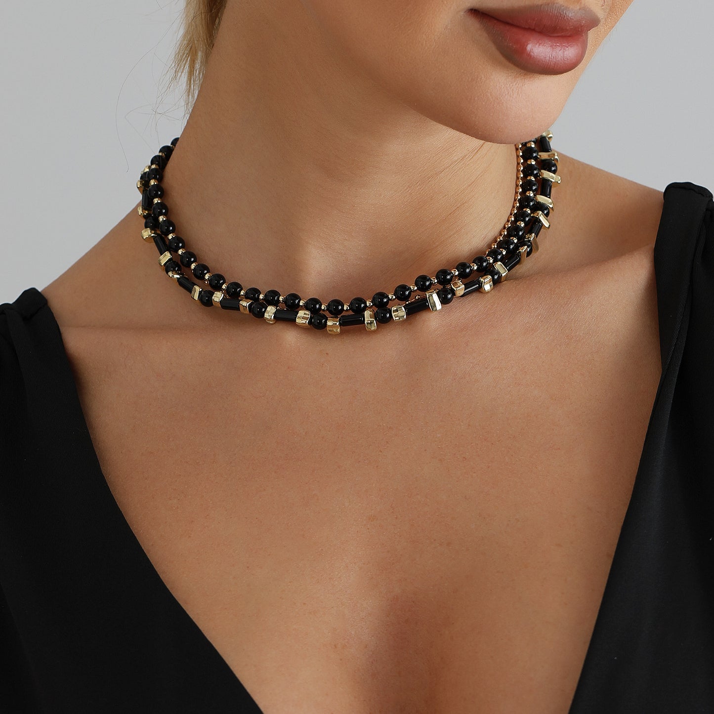 Vintage Black Gold Geometric Heart Alloy Layered Necklace for Women