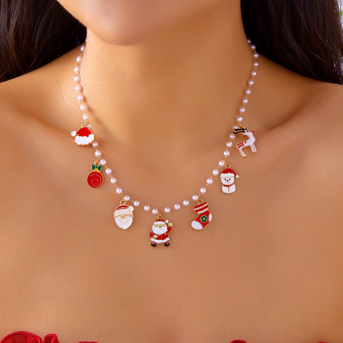 Collana pendente alla moda Babbo Natale e pupazzo di neve per donne con struttura in lega di zinco e finitura placcata