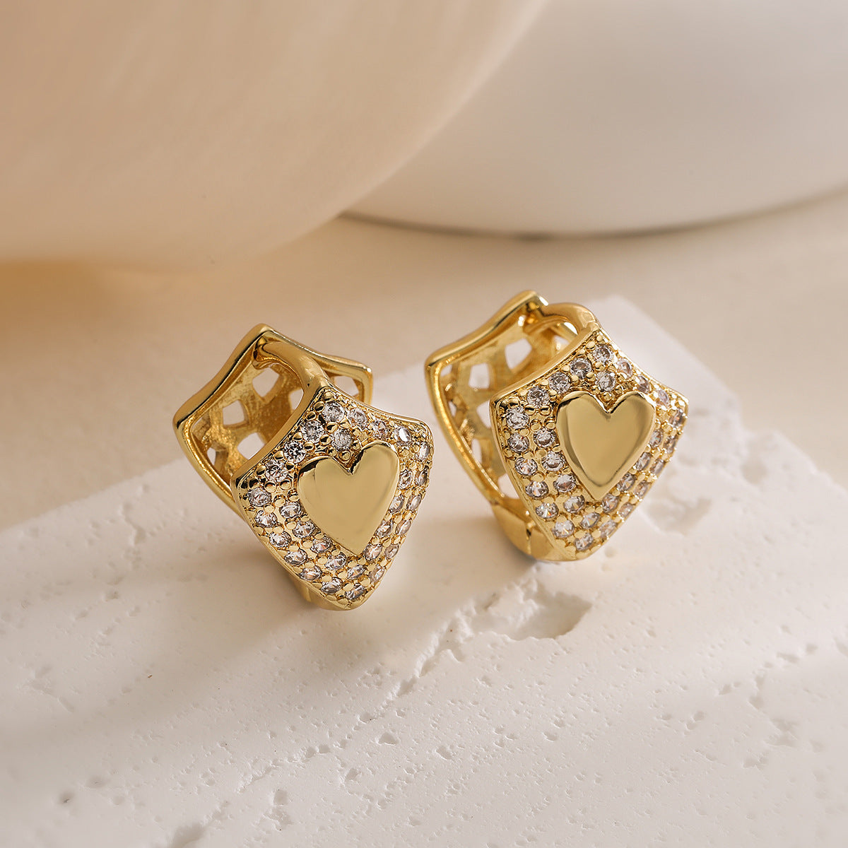 Minimalist Geometric Heart-Shaped Zirconia Ear Clips for Women in Copper with 18K Gold Plating