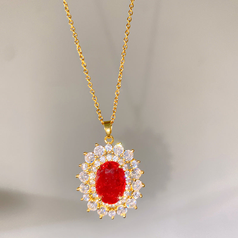 Elegant Sweet Sporty Oval Heart Gold Plated Titanium Steel Necklace with Red Cubic Zirconia Inlay and Brass Pendant