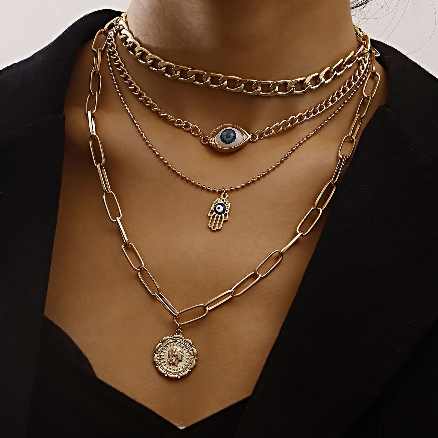 Vintage Geometric Demon Eye Round Pendant Necklace for Women with Alloy Plated Finish and Bamboo Chain