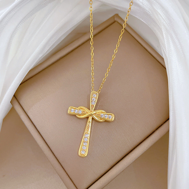 Sweet Twisted Cross Rhinestone Titanium Steel Necklace for Unisex