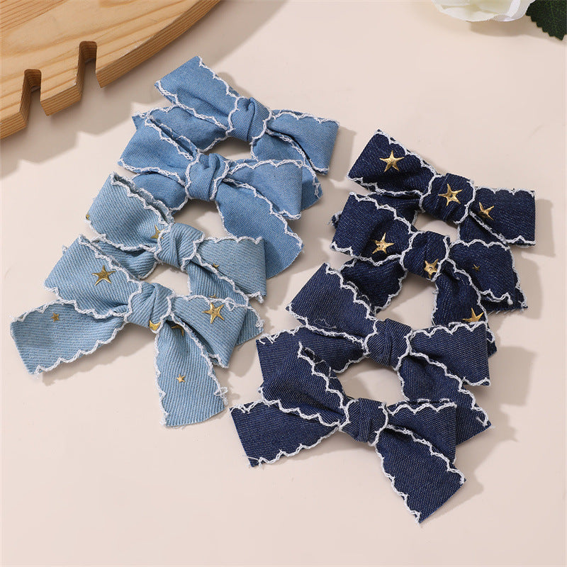 Retro Star Denim Bow Duckbill Hair Clip for Girls with Ruffled and Mesh Details