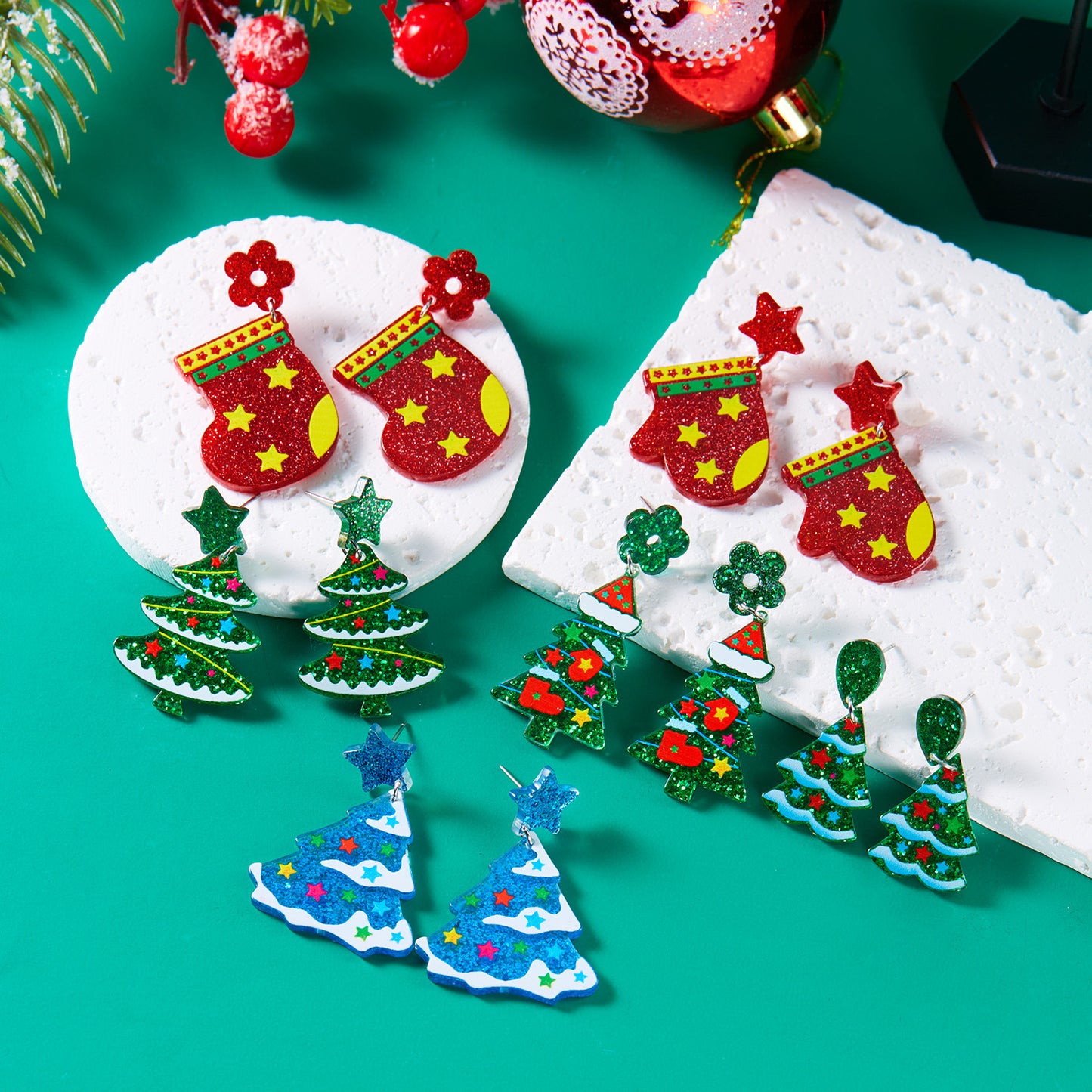 Fashion OL Acrylic Santa Claus and Snowflake Stud Earrings with Plating Finish for Women