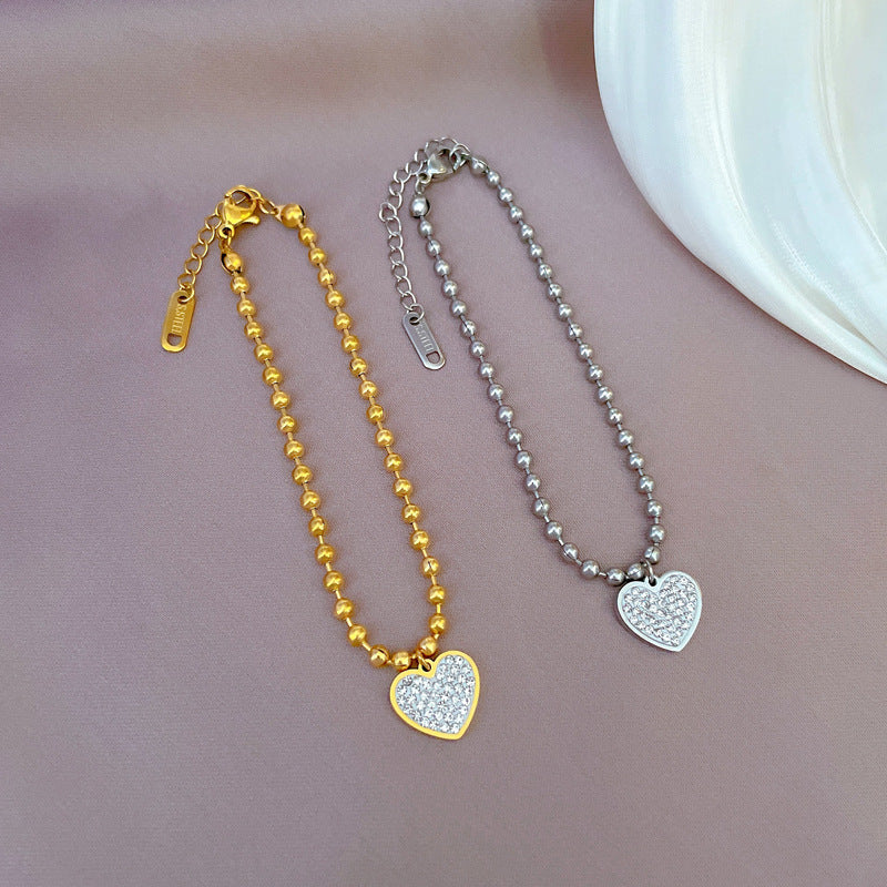 Minimalist Titanium Steel Heart Pendant Bracelet for Women with Rhinestone Inlay, Dainty Chain Jewelry for Lucky Charm or Friendship Gift