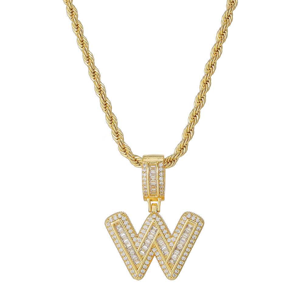 Personalized 18K Gold Plated Brass Cubic Zirconia Letter Pendant Necklace with Stainless Steel Rope Chain