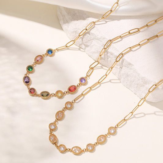 Minimalist Vintage Gold Plated Geometric Stainless Steel Necklace with Cubic Zirconia for Women