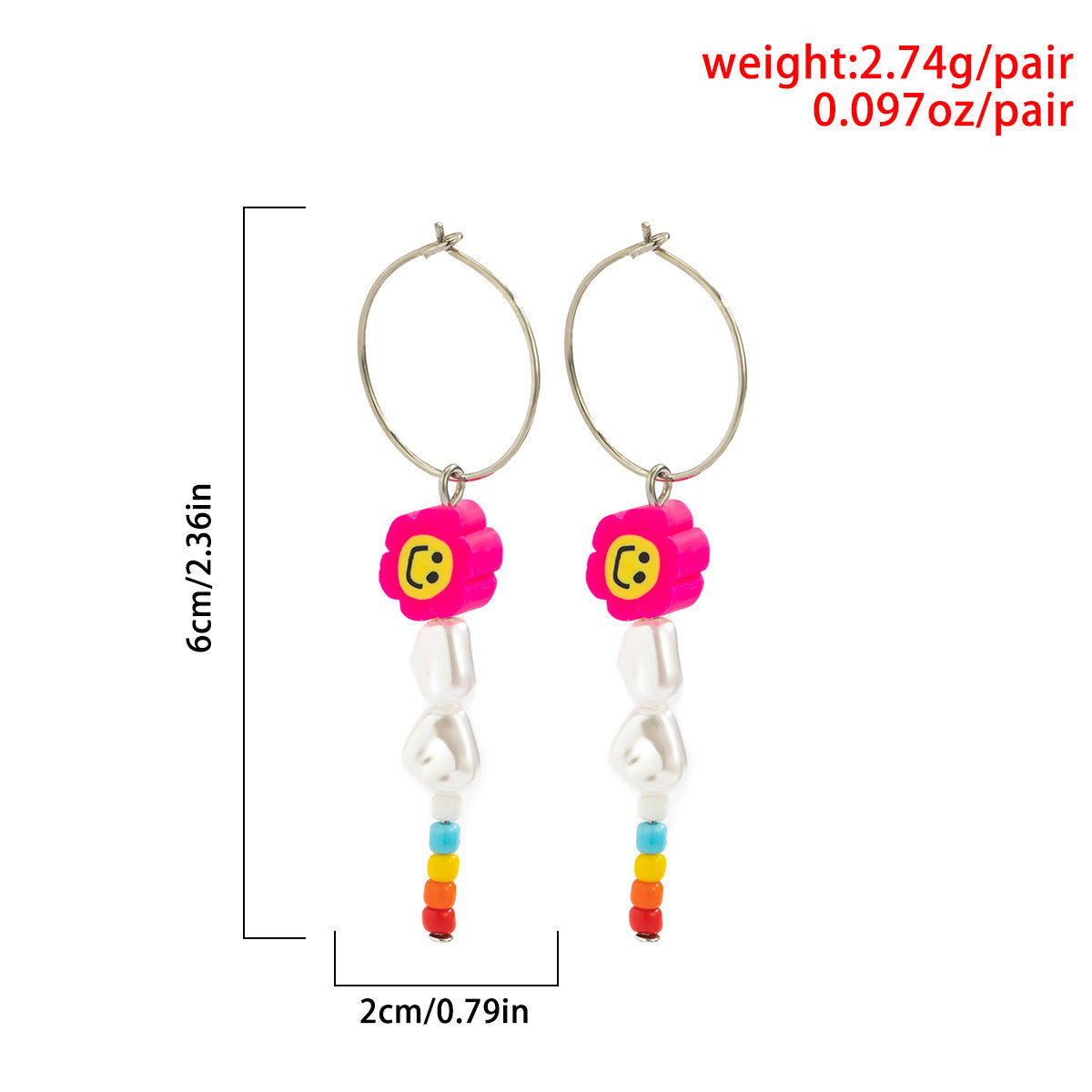 Ethnic Minimalist Geometric Plated Iron Earrings with Colorful Clay Smileys and Rice Beads