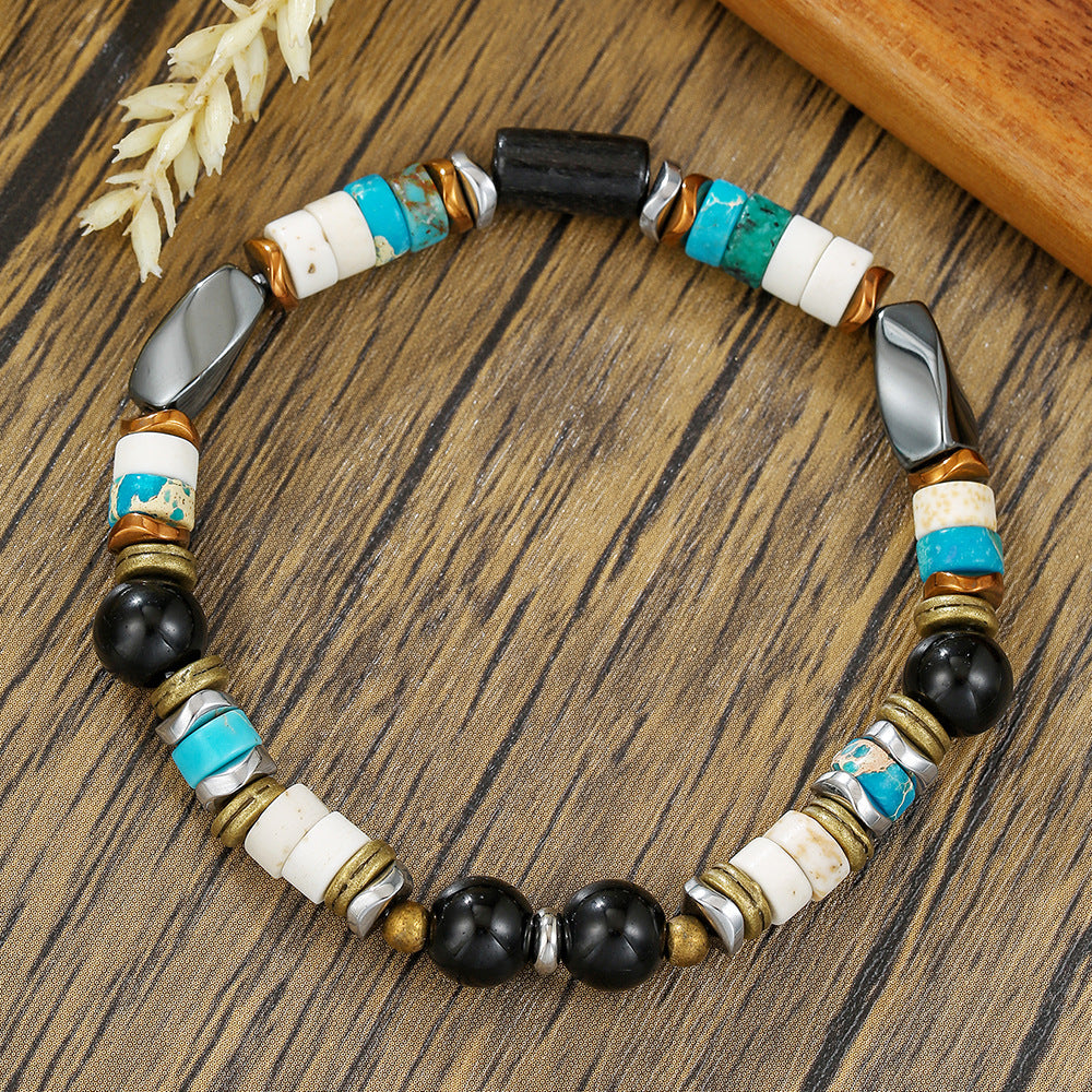 Geometric Round Turquoise Lapis Lazuli Agate Beaded Bracelet Unisex