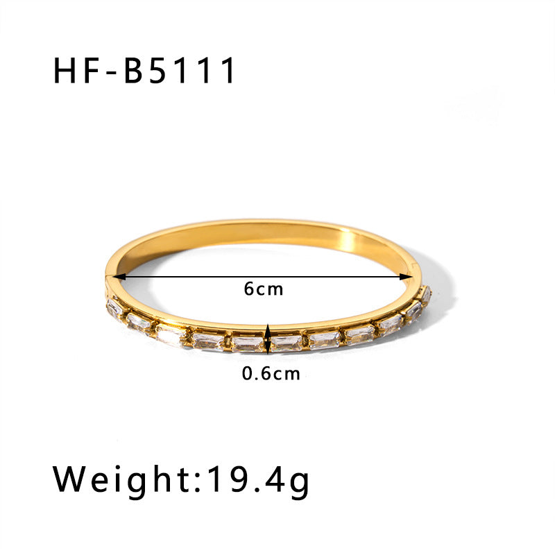Vintage-Inspired Titanium Steel Cuff Bracelet with Zircon Inlay, Asymmetrical Design, Vacuum-Plated 18K Gold Finish for Women