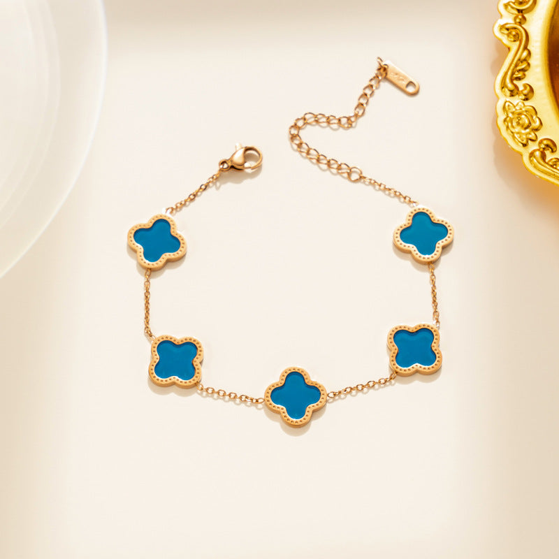 Bracciale in Acciaio al Titanio con Trifoglio a Quattro Foglie Geometrico Leggero di Lusso Placcato Oro Rosa 18K