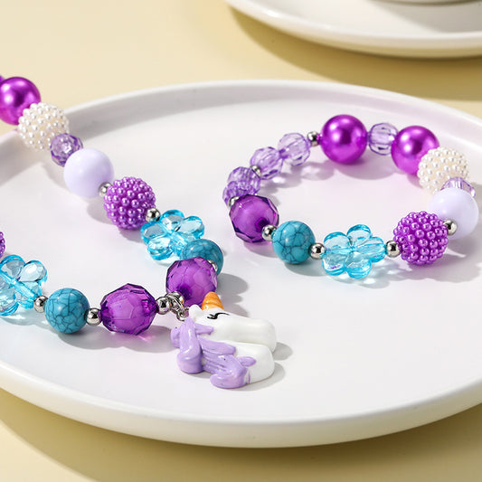 Princess Style Unicorn Pendant Necklace for Girls with Candy-Colored Beads on Round Ball Chain, Plastic Resin Jewelry Set