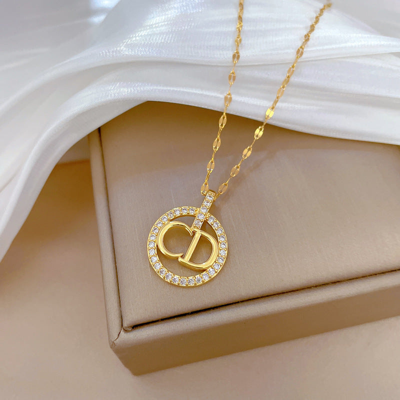 Luxury Geometric Rhinestone Pendant Necklace in Titanium Steel Chain for Unisex