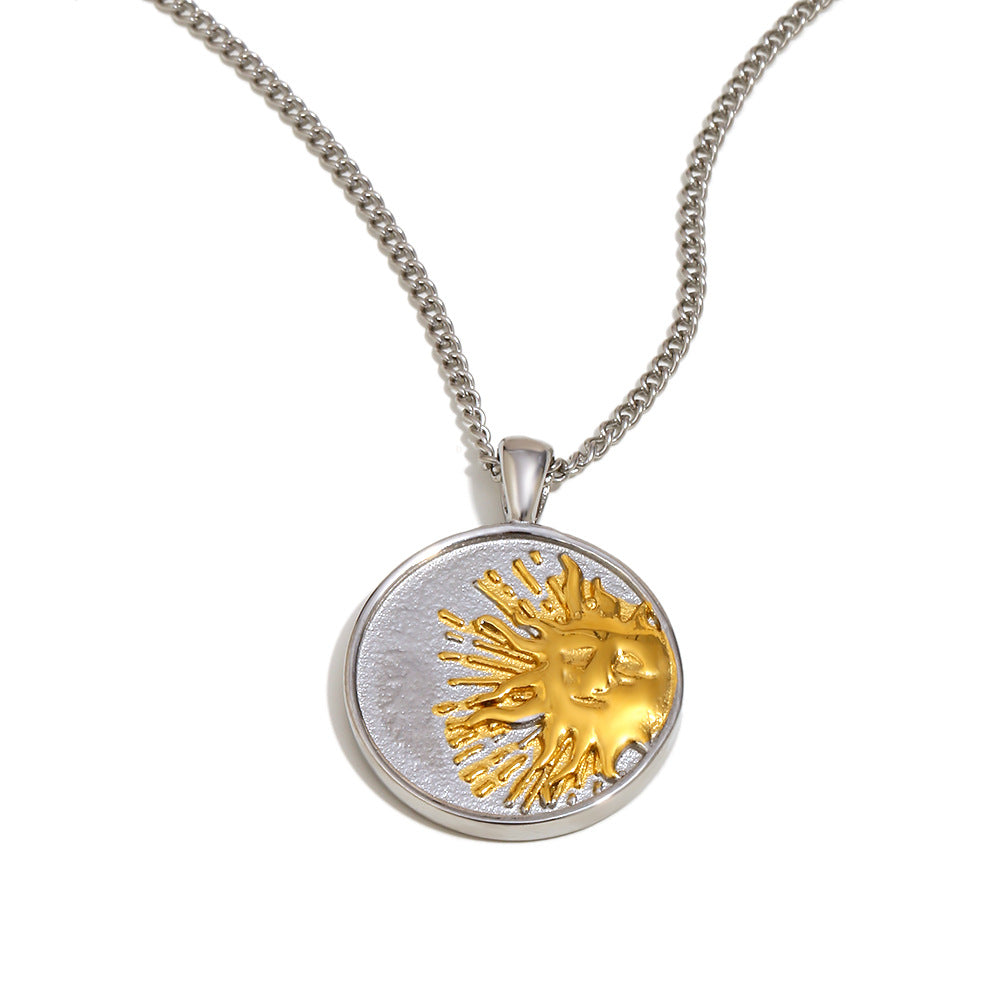 Luxury Geometric Stainless Steel Sun Coin Pendant Necklace with 18K Gold Plating for Women