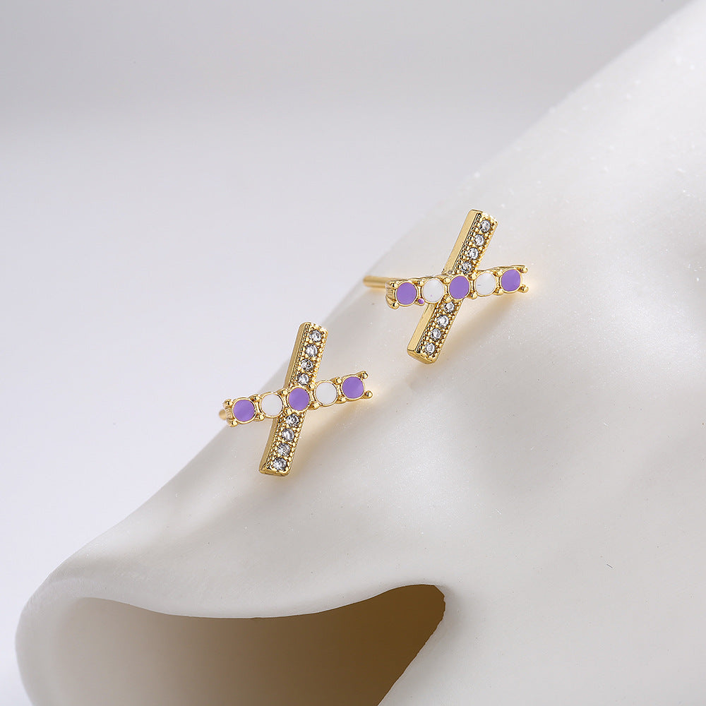 Minimalist Geometric Copper Earrings with 18K Gold Plating and Enamel Finish, Zircon Inlay, Women's Elegant Stud Earrings