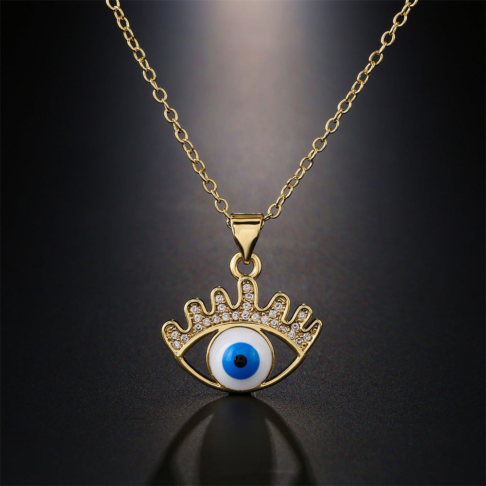 Gold Plated Brass Geometric Heart Evil Eye Pendant Necklace with Cubic Zirconia Inlay and Drip Oil Detail on Cable Chain