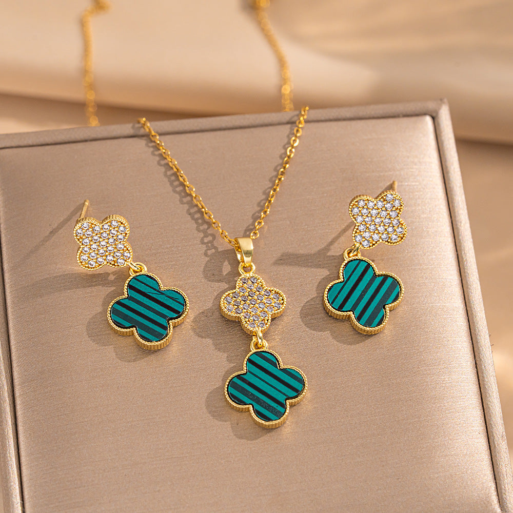 Set di Collana e Orecchini con Ciondolo a Goccia a Cuore Minimalista di Lusso in Acciaio al Titanio con Intarsi di Strass e Placcatura in Oro su Catena a O