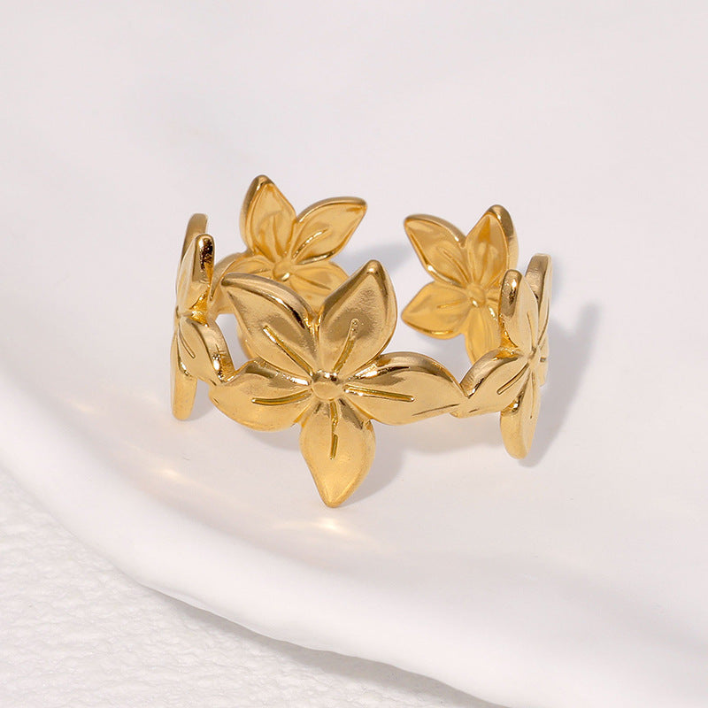 Anello in acciaio inossidabile aperto, minimalista floreale con finitura placcata per donna