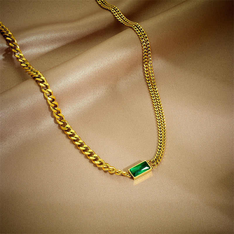 Minimalist Fashionable Gold-Plated Titanium Steel Snake Chain Necklace Set with Rhinestone Rectangle Green Accents for Women
