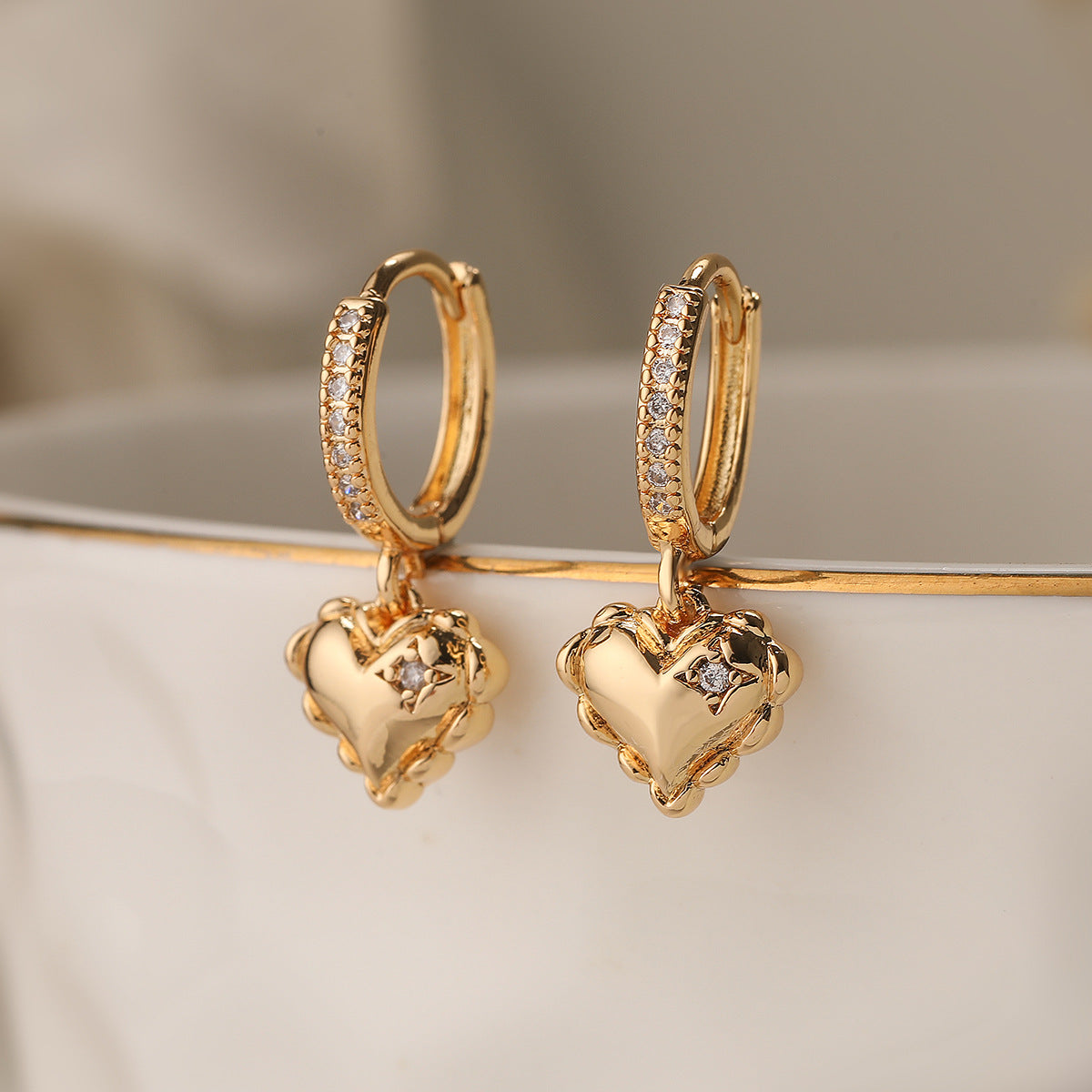 Minimalist Heart-Shaped Copper Earrings with Real Gold Plating and Zircon Accents for Women