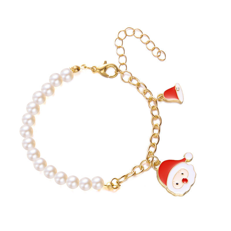 Pulsera de abalorios de Papá Noel de moda para mujer, chapada en aleación con acabado de esmalte, diseño de personaje de dibujos animados, joyería temática navideña