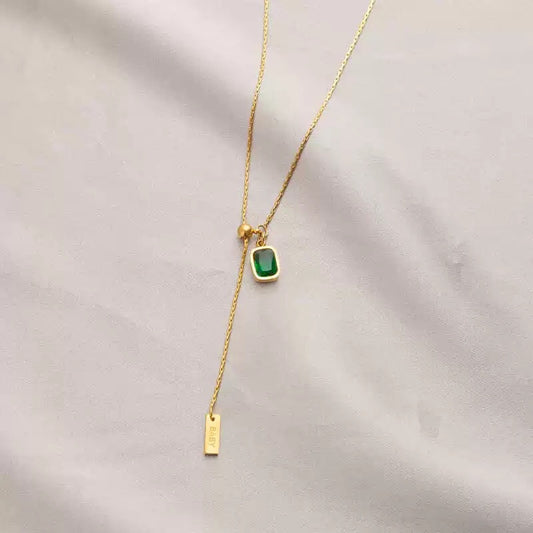 Minimalist Elegant Letter Teardrop Titanium Steel Plated Necklace with Emerald Cubic Zirconia and Tassel Chain for Women