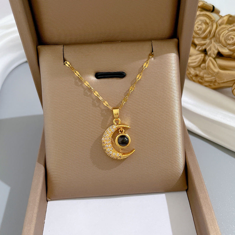 Minimalist Geometric Titanium Steel Necklace with Gold Plated Brass Pendant and Rhinestone Inlay