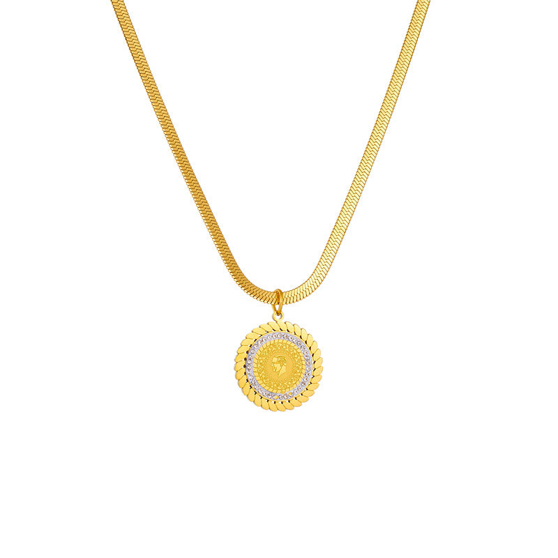 Vintage-Style Geometric Round Pendant Necklace with Rhinestone Inlay and Plated Titanium Steel Snake Chain for Women
