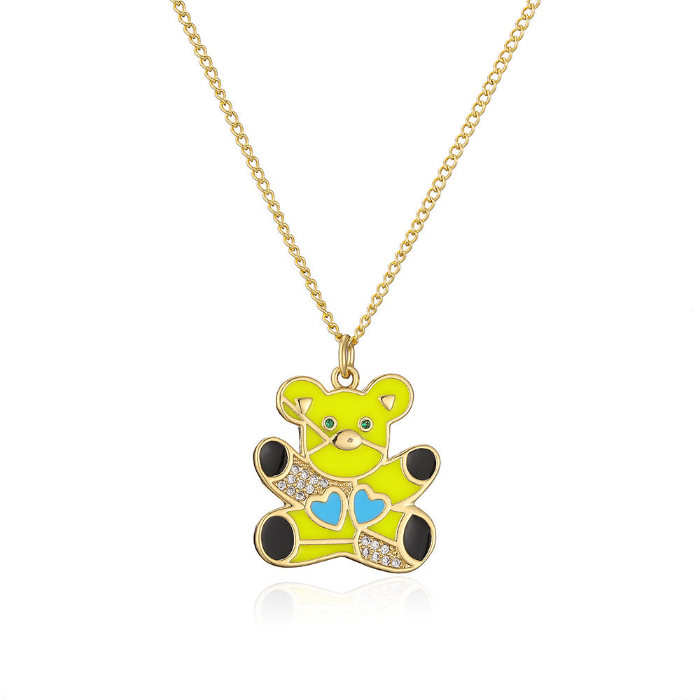 Collana con Pendente Orsetto Carino da Donna Realizzata in Rame con Placcatura in Oro 18K e Finitura a Smalto con Accenti in Zirconi Cubici