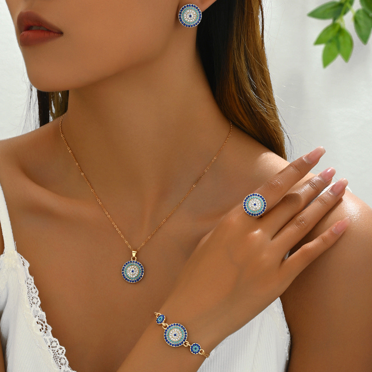 Conjunto de collar de aleación con pedrería geométrica redonda, pulsera de perlas y anillo abierto para mujer