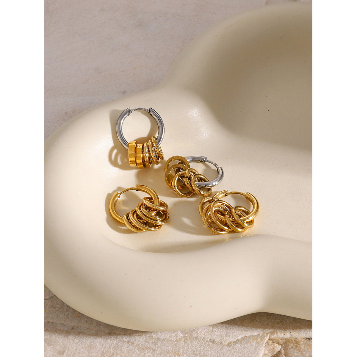Two-Tone Polished Stainless Steel Round Hoop Earrings with Five Gold Plated Rings