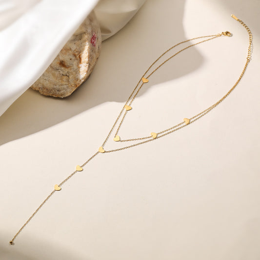 Minimalist Heart Geometric Stainless Steel Layered Necklace with Tassel for Women