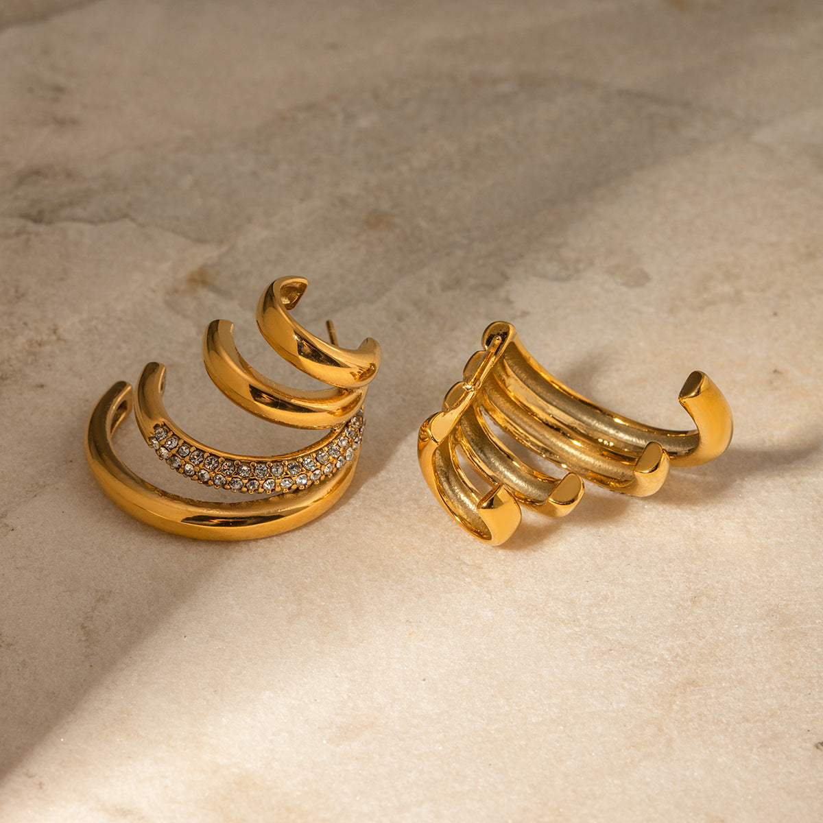 Minimalist Four-Layer C-Shaped Titanium Steel Earrings with 18K Gold Plating and White Rhinestone Accents for Women