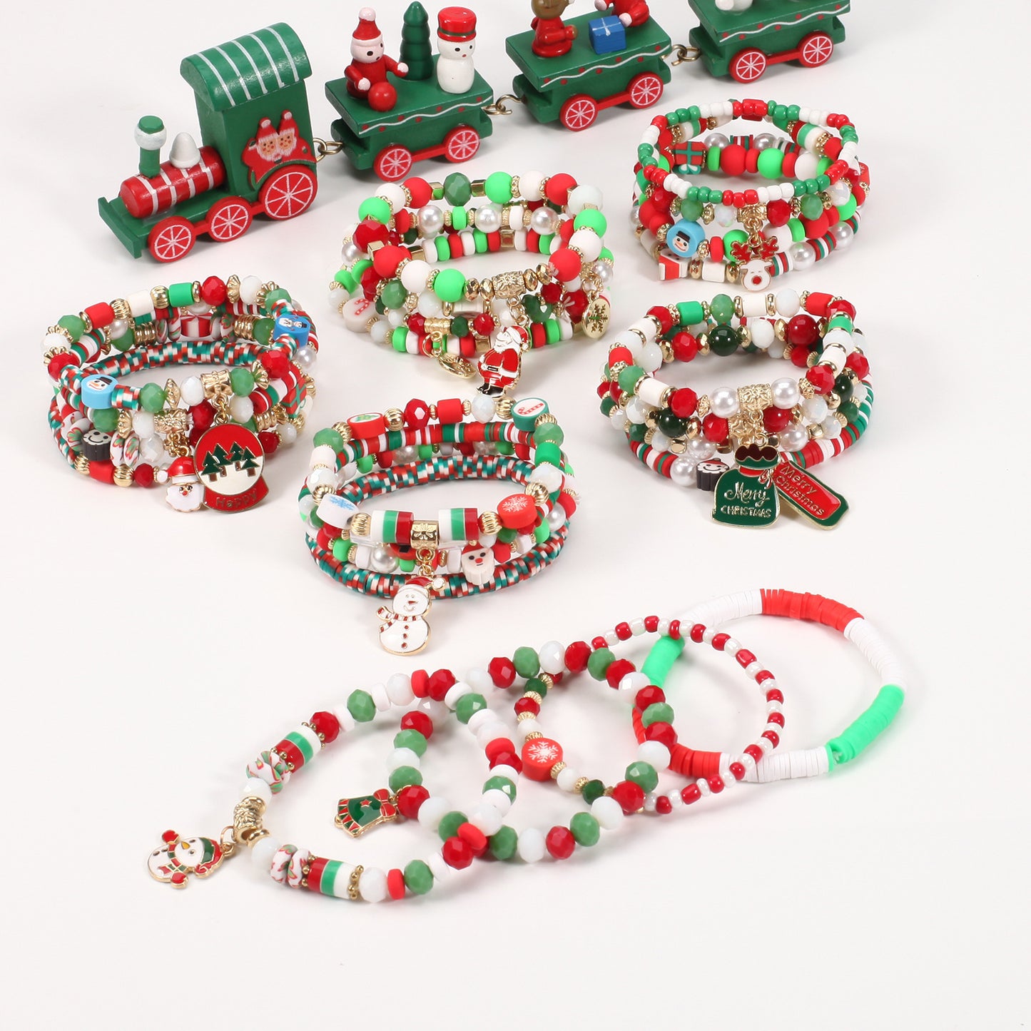 Unisex Natural Stone Beaded Bracelet with Snowman Christmas Tree Santa Reindeer Charms Floral Pattern Holiday Gift