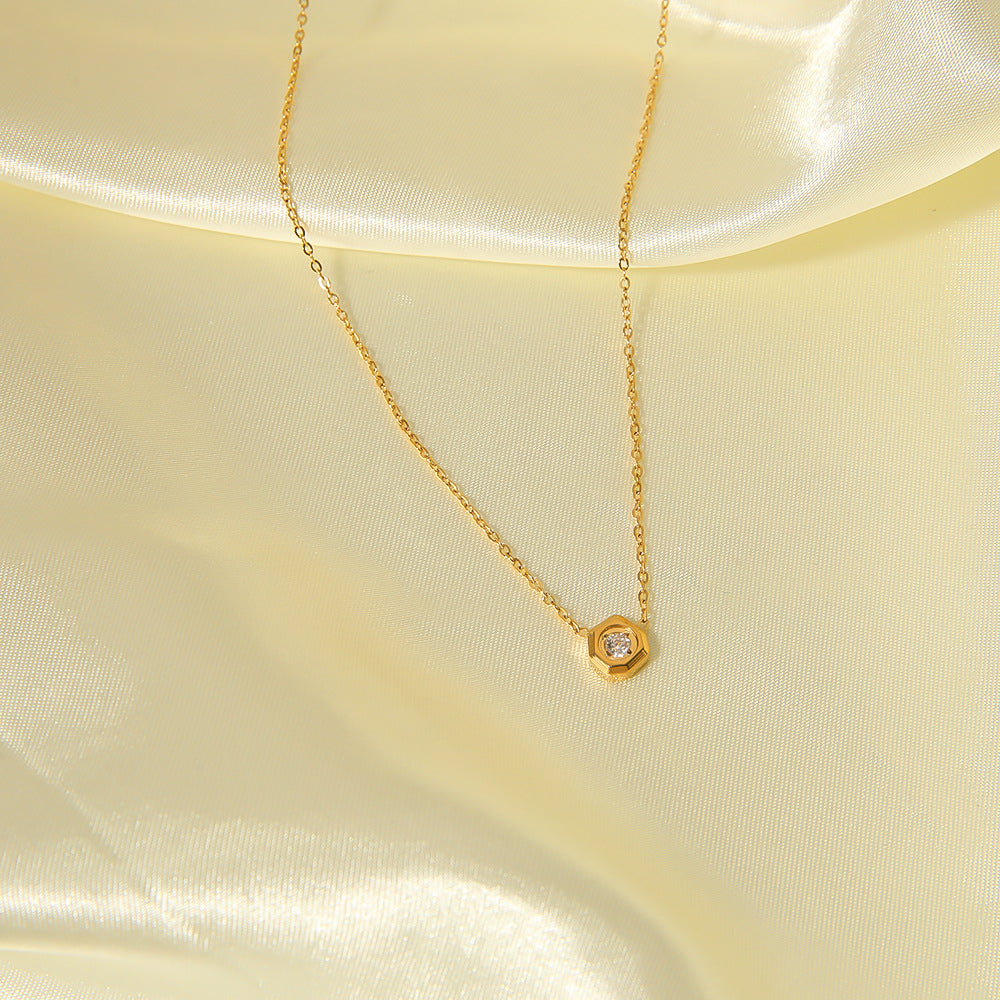 Minimalist Geometric Titanium Steel Pendant Necklace for Women with White Zircon Inlay and 18K Gold Plating