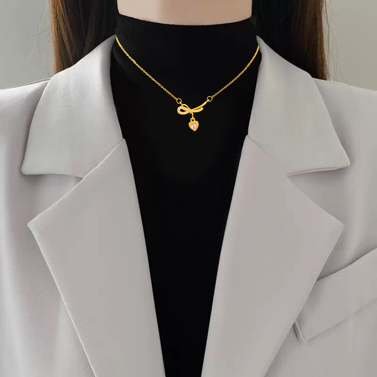 Sweet Minimalist Heart Bow Titanium Steel Plated Necklace with Brass Pendant Cable Chain Unisex
