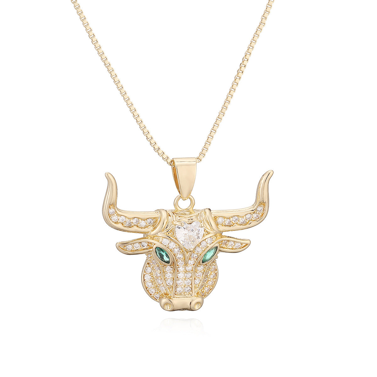 Hip-hop Minimalist Gold Plated Brass Bull Head Pendant Necklace with Cubic Zirconia