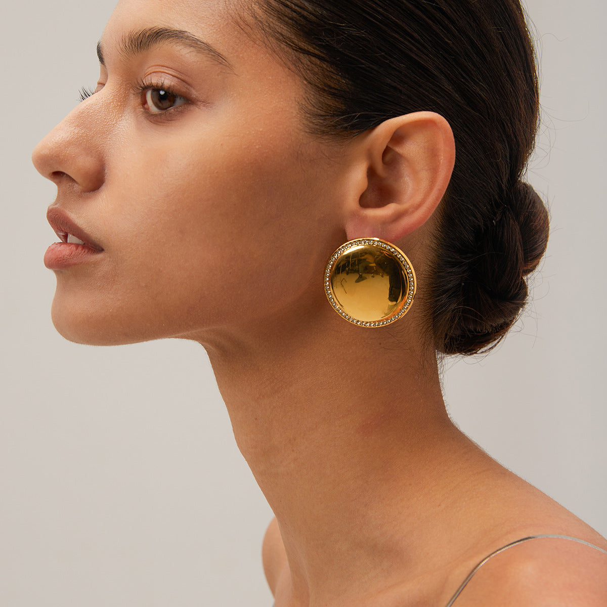 Trendy Geometric Round Disc Earrings 18K Gold Plated Stainless Steel Rhinestone Inlay for Women