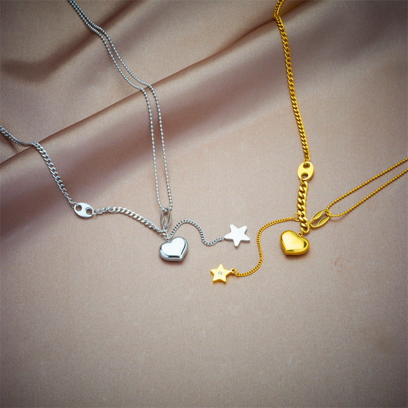 Minimalist 3D Heart and Star Pendant Stainless Steel Necklace for Women