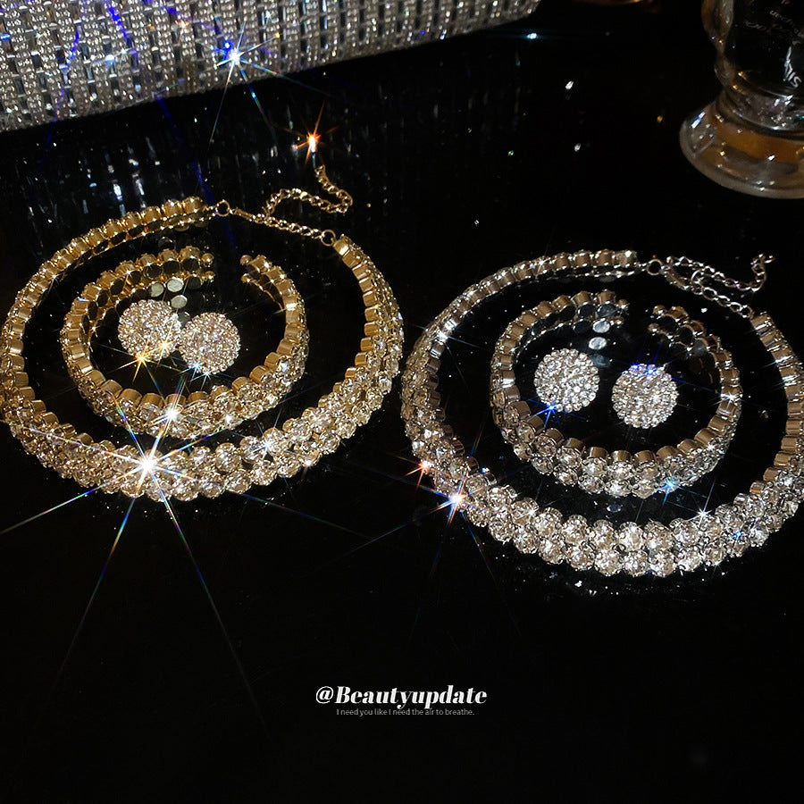 Luxury Rhinestone-Inlaid Round Double-Layer Necklace Bracelet Earrings Set for Women with Clavicle Chain Geometric Design Elegant Fashion Accessory