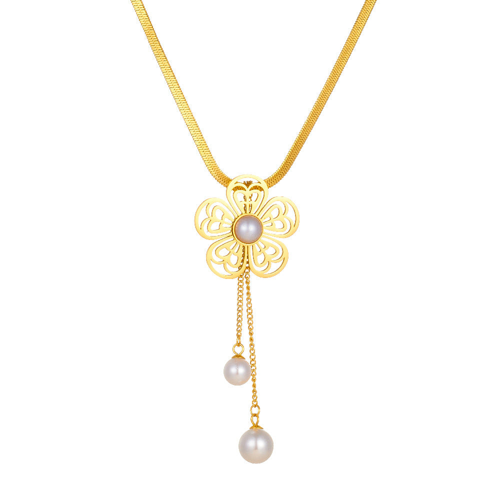 Elegant Business Hollow Floral Pearl Tassel Stainless Steel Necklace and Earring Set with Snake Chain