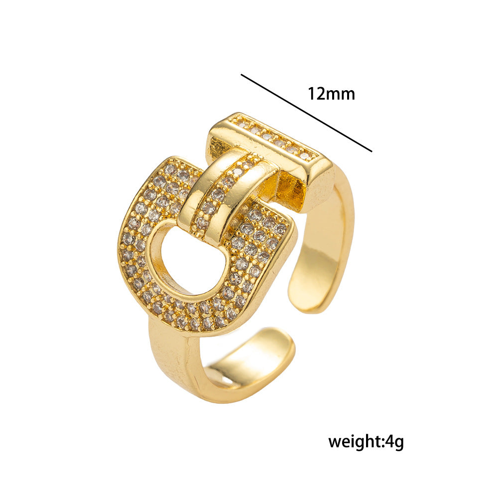 Luxury Geometric Horse-Shoe Snap Ring for Women with Gold Plated Copper and Crystal Inlay