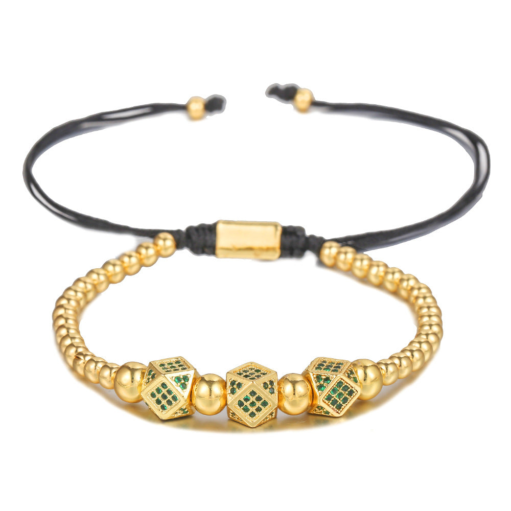 Unique Geometric Handmade Brass Bracelet with Cubic Zirconia and Adjustable Beads