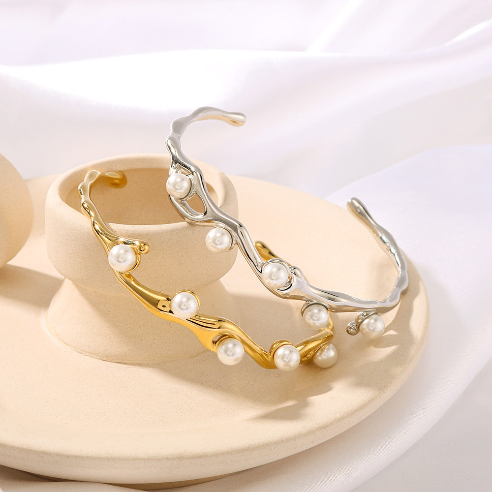 Minimalist Vintage-Inspired Irregular Stainless Steel Open Bangle Bracelet for Women with Pearl Accent
