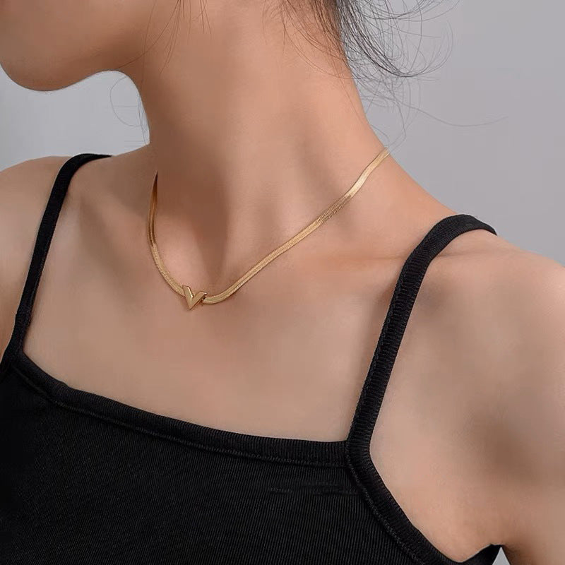 Minimalist Letter V Heart Titanium Steel Snake Chain Necklace for Women