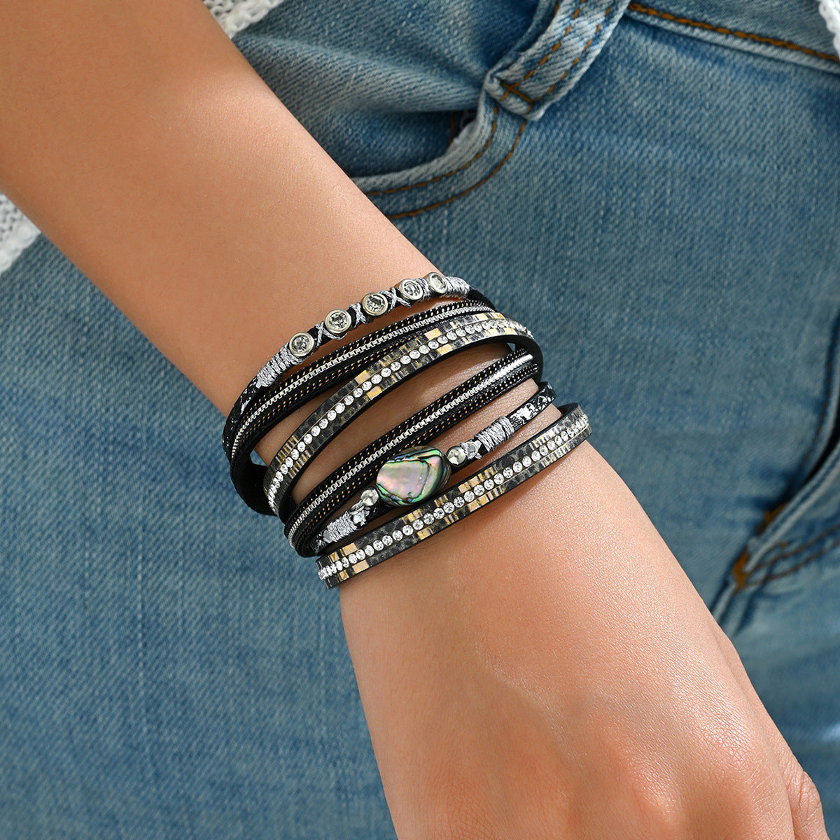 Bohemian Style Geometric Leather Bracelet with Rhinestone Inlay for Women Vintage Artistic Multi-Layer Stackable Wristband