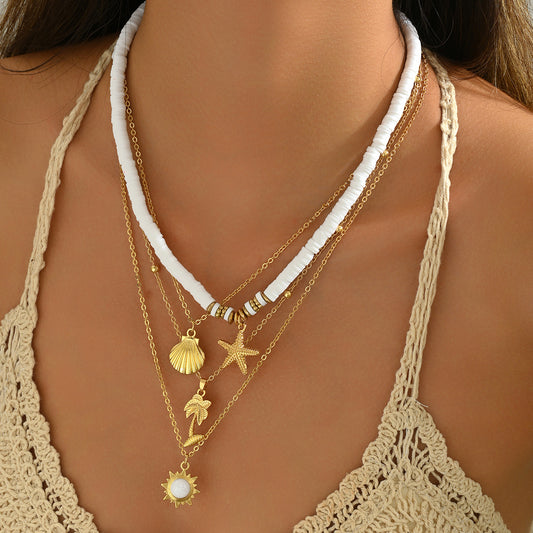 Collar colgante de estrella de mar y concha geométrica de aleación de zinc con cadena de clavícula multicapa tejida a mano para mujer