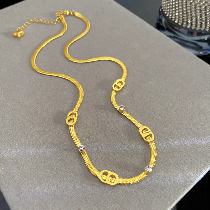 Minimalist Luxury 18K Gold Plated Letter Titanium Steel Snake Chain Necklace with Cubic Zirconia Inlay
