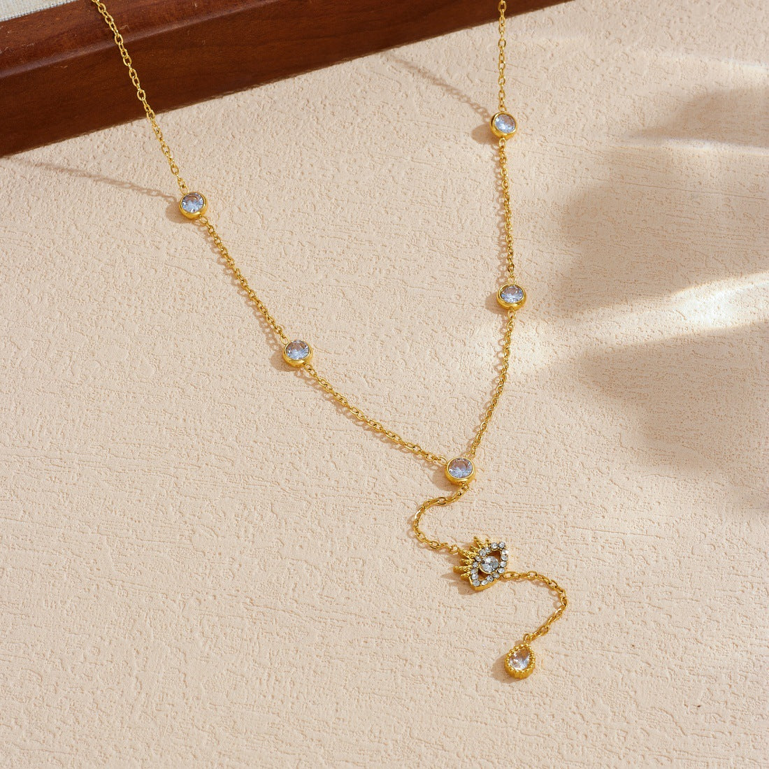 Sweet Gold Plated Stainless Steel Star Moon Heart Rhinestone Pendant Necklace with Tassel for Women